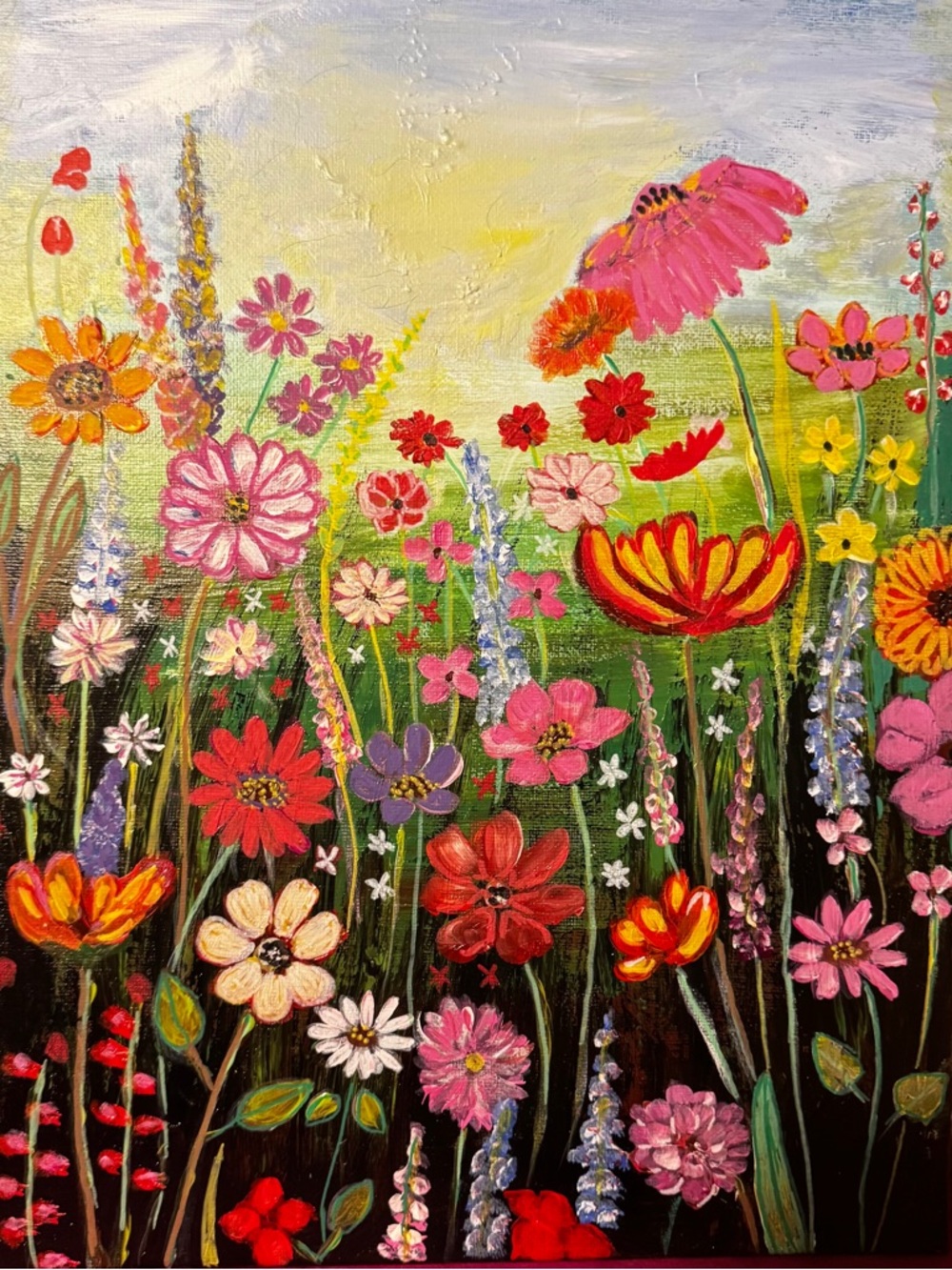 Vibrant Wildflower Garden Canvas Print - Pink, Red, Yellow Floral Art signed